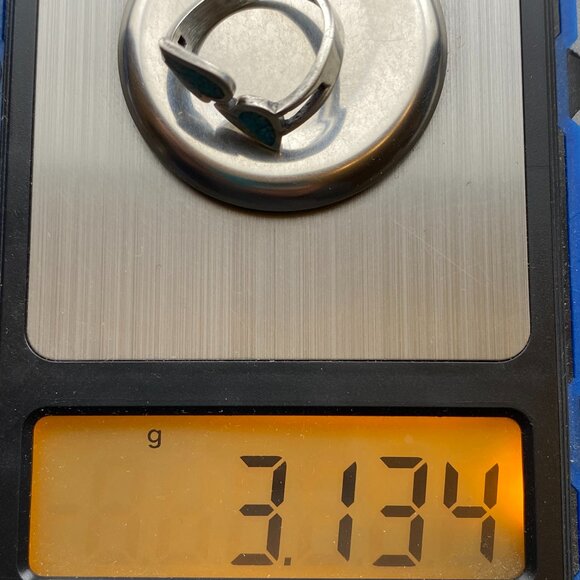 Vintage Sterling Silver Adjustable Ring Turquoise Chip Inlay Double Heart Love - Picture 12 of 12